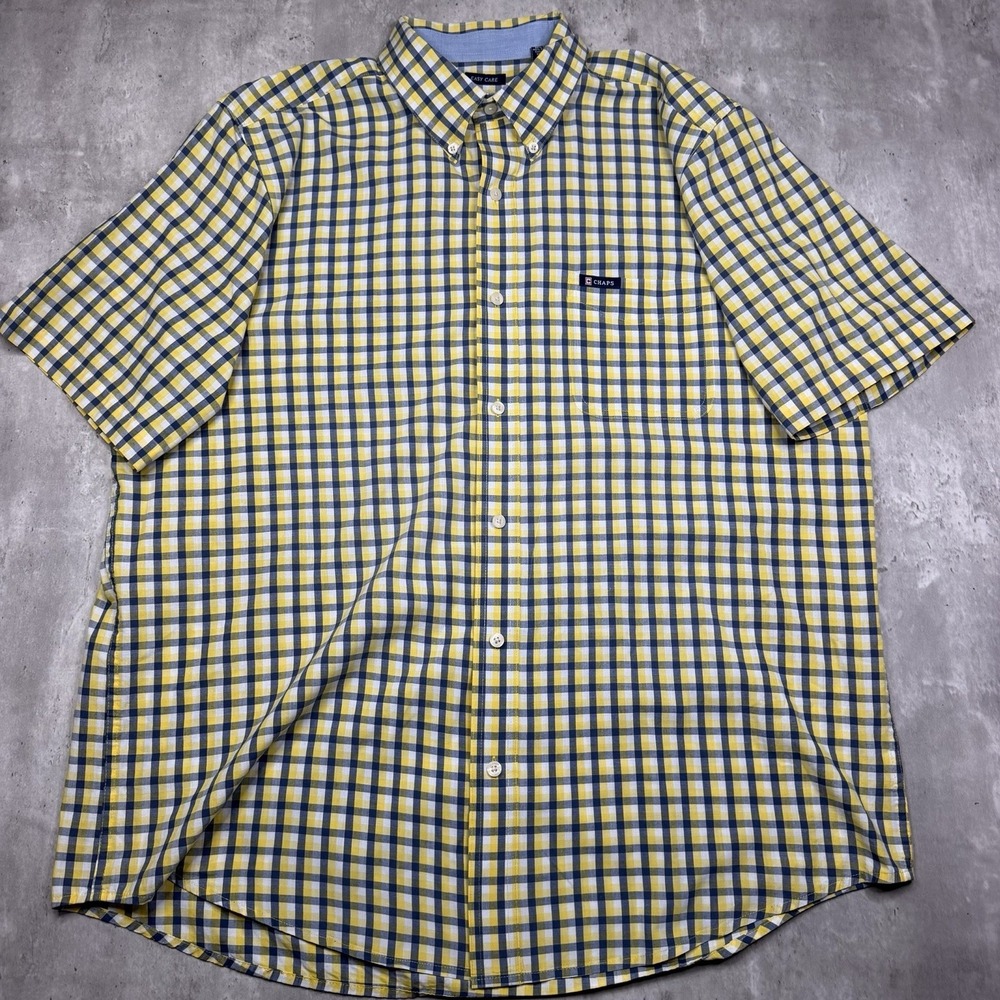 Chaps Men’s Easy Care XL Yellow Blue White Plaid Short Sleeve Button Down Shirt